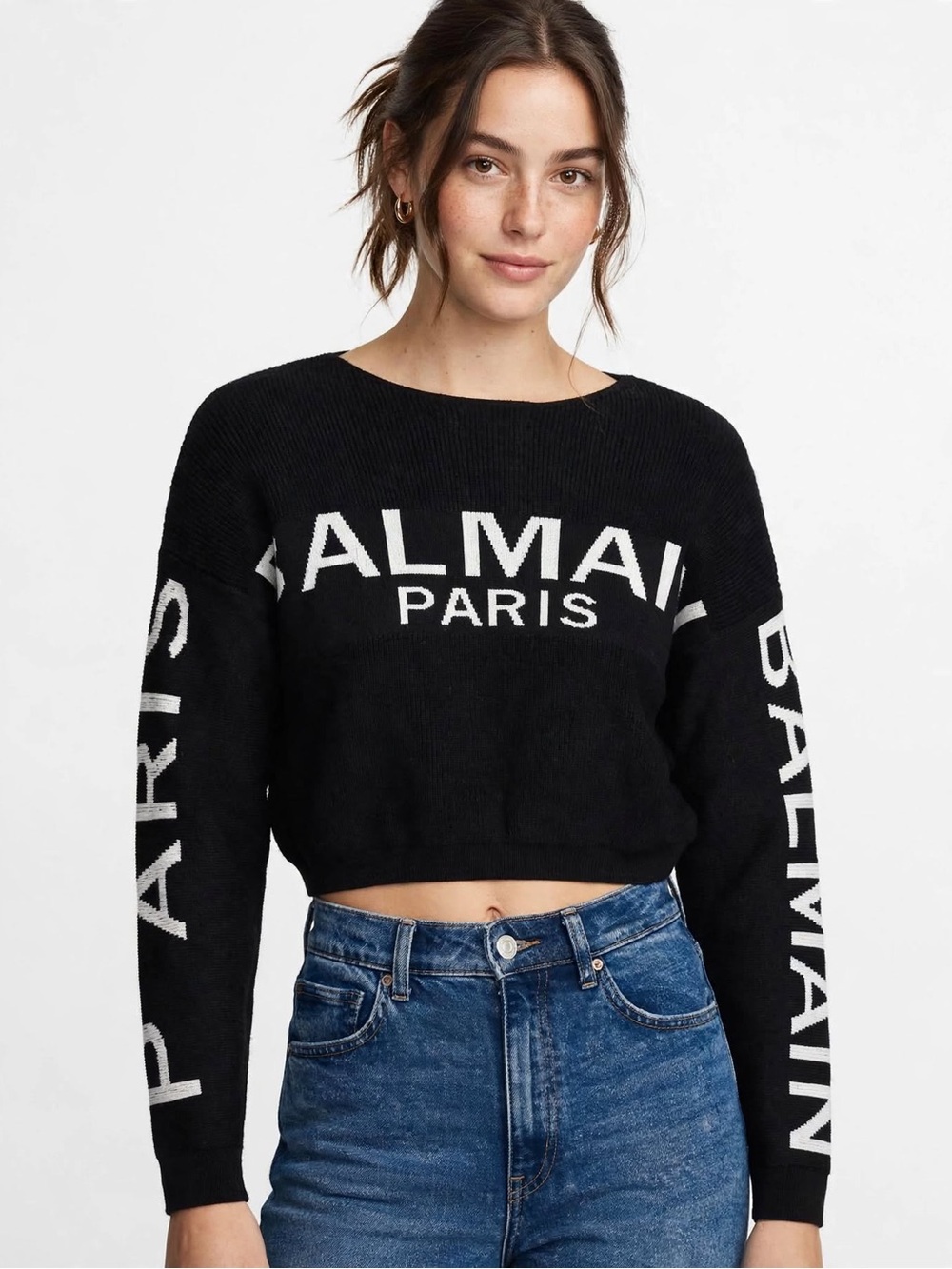 Balmain Black Cropped Logo Knit Sweater with White Branding